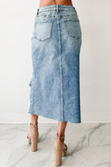 Distressed Asymmetrical Denim Skirt with Frayed Hem 