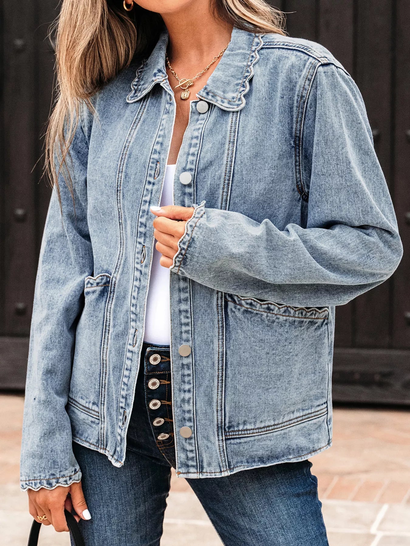 Scallop Trim Collar Patched Pocket Button Up Denim Jacket 