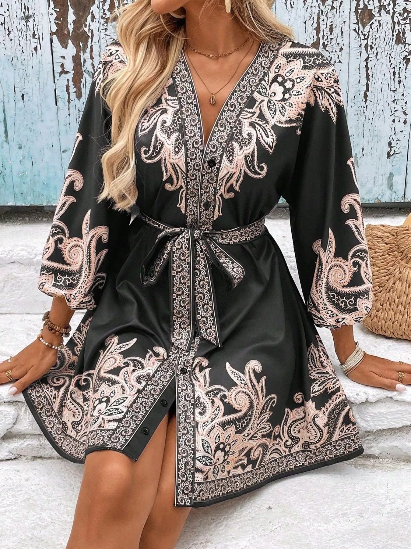 Printed Balloon Sleeve Mini Dress 
