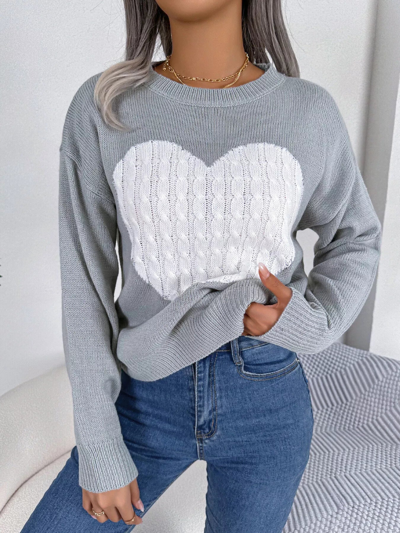 Cable Knit Heart Round Neck Sweater 