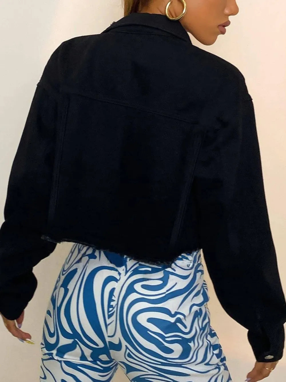Distressed Collared Neck Long Sleeve Denim Top 