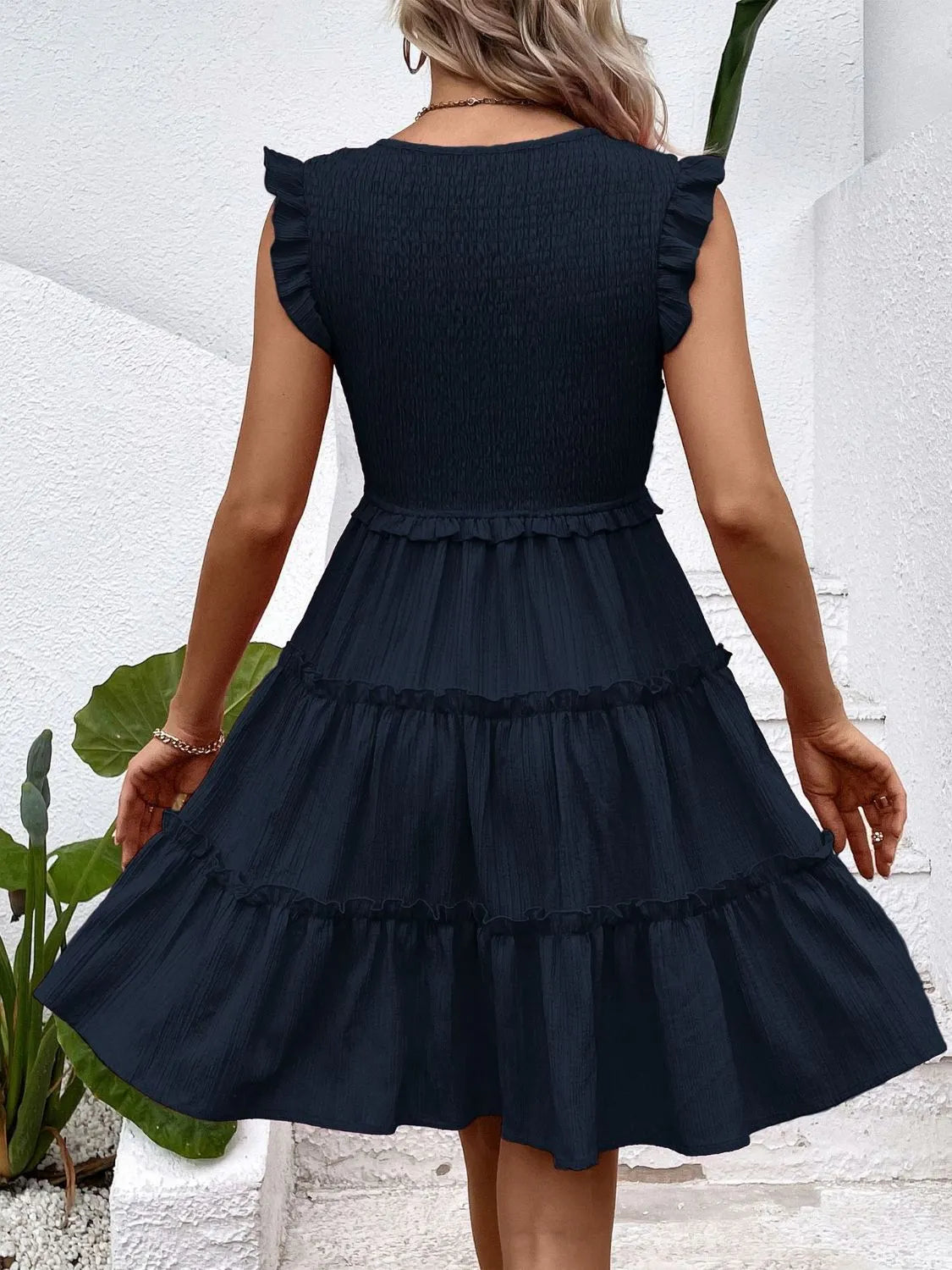 Ruffled V-Neck Cap Sleeve Dress 