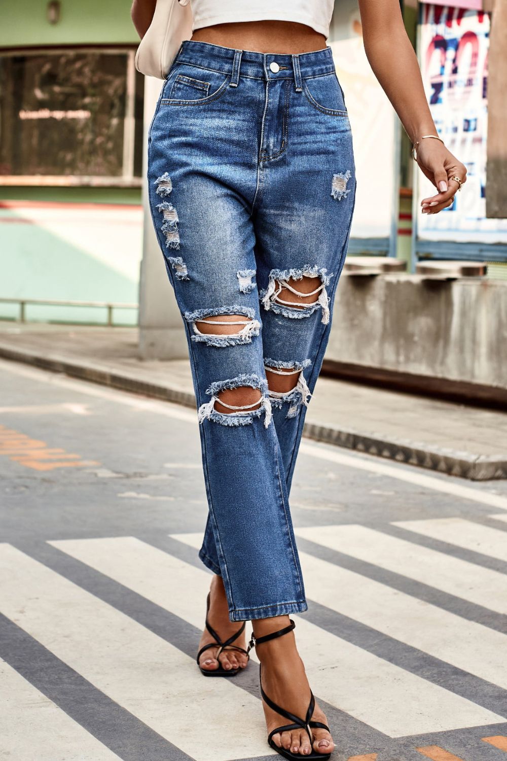 Distressed High Waist Straight Jeans 