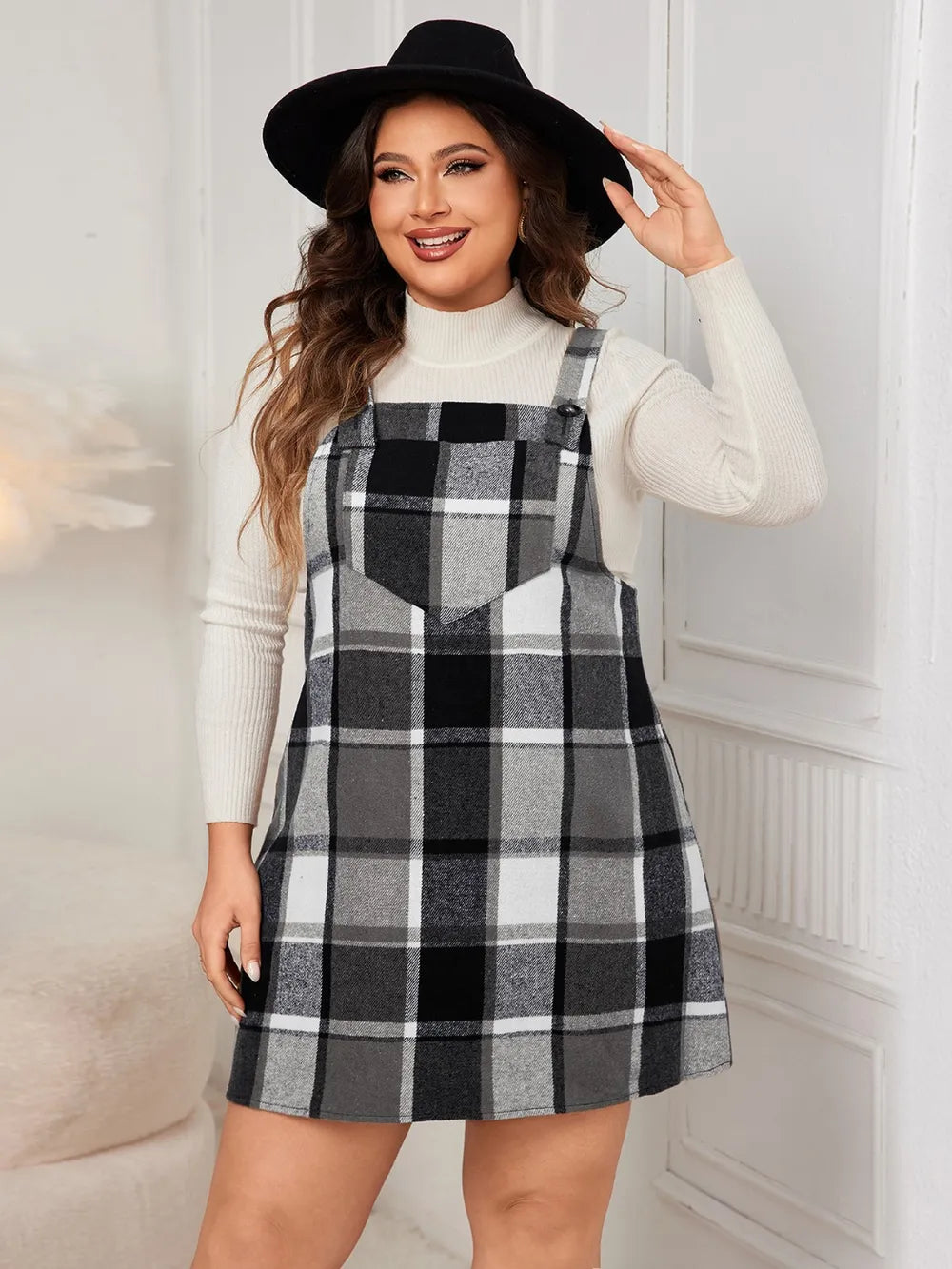 Honey Plus Size Plaid Wide Strap Overall Dress 