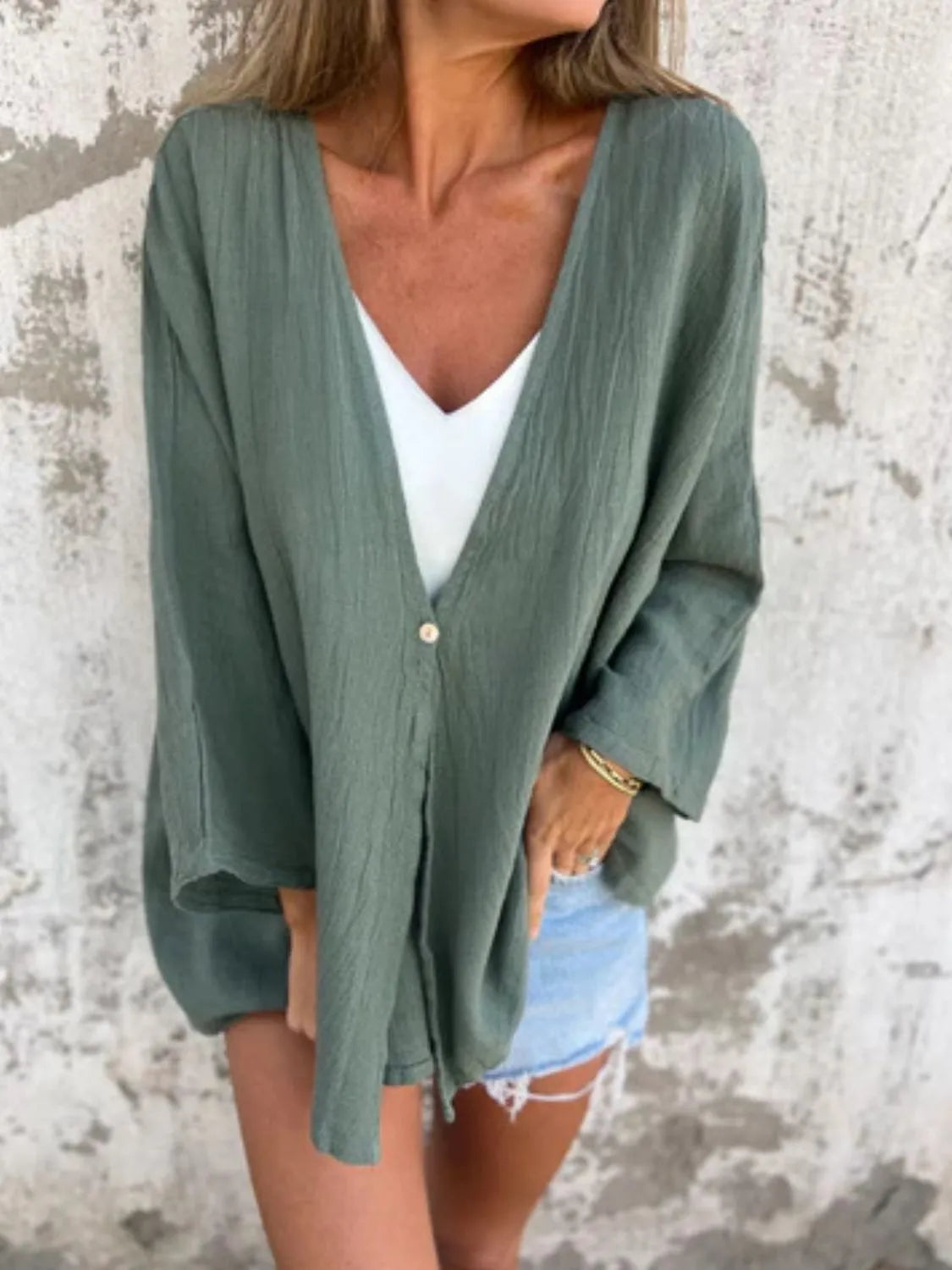 Full Size One Button Long Sleeve Shirt Plus Size 