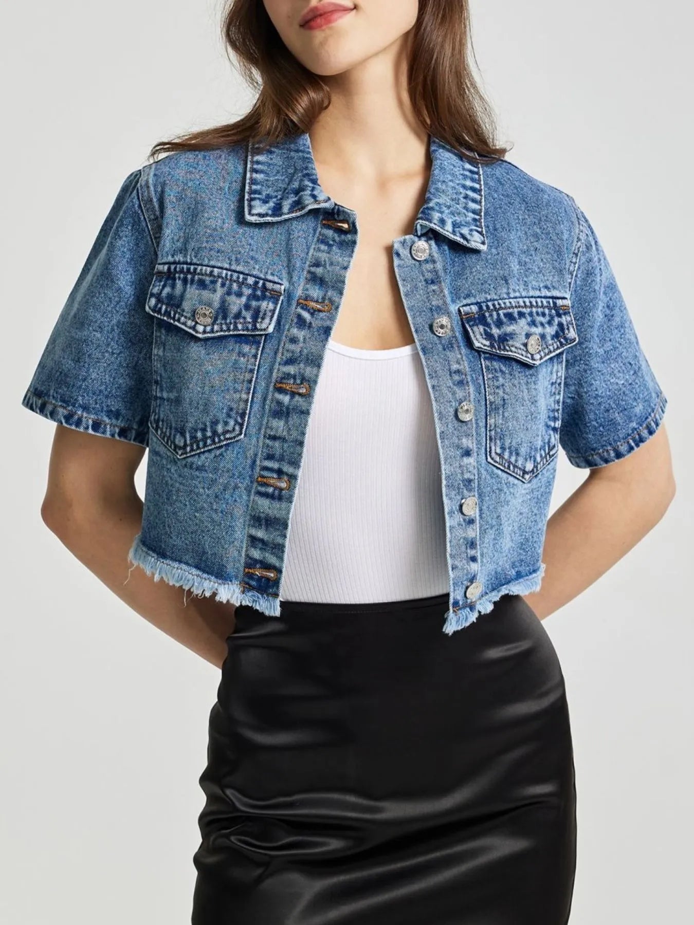 Cropped Short Sleeve Denim Jacket with Frayed Hem 