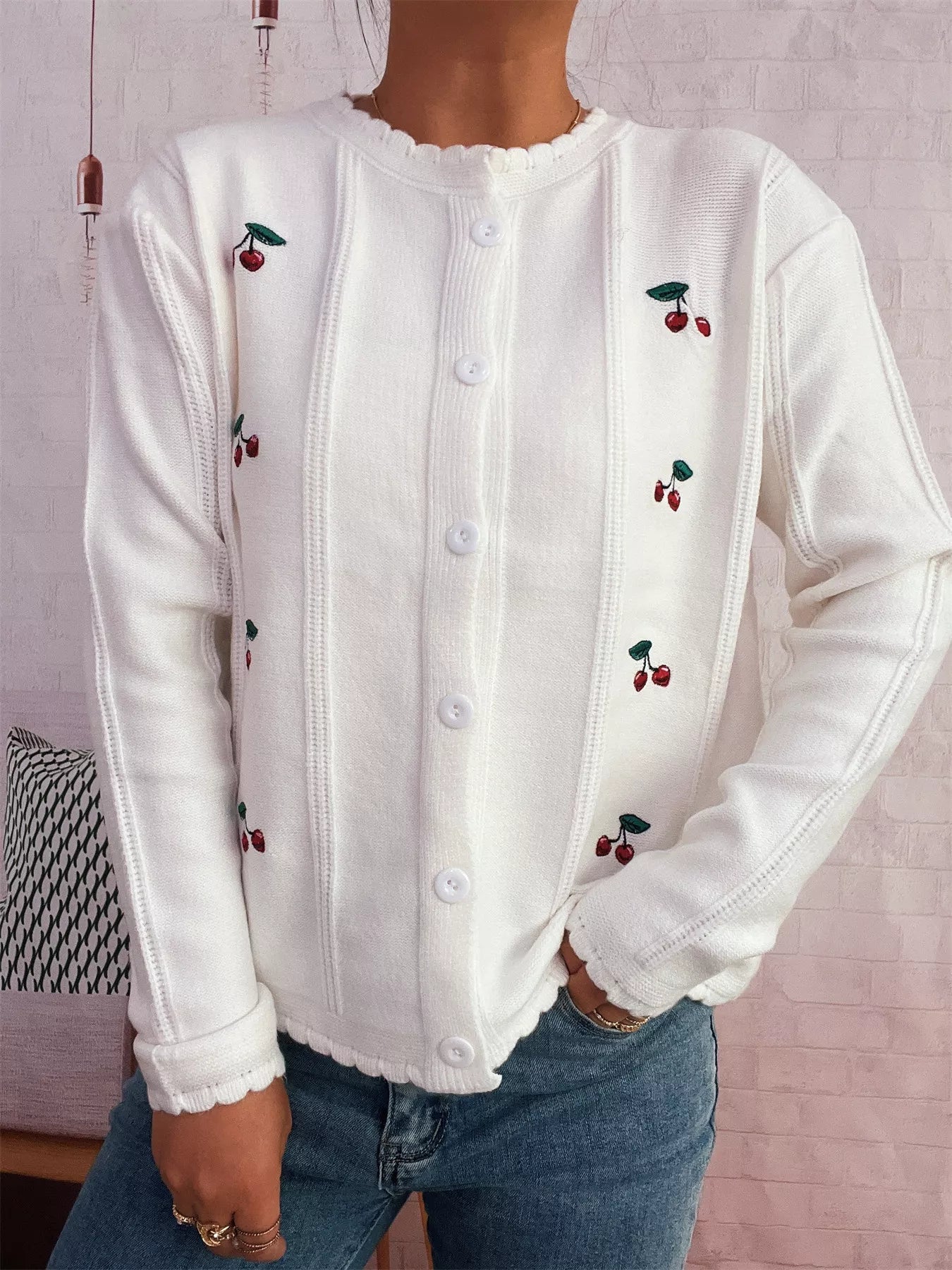 Cherry Embroidered Button Up Cardigan 