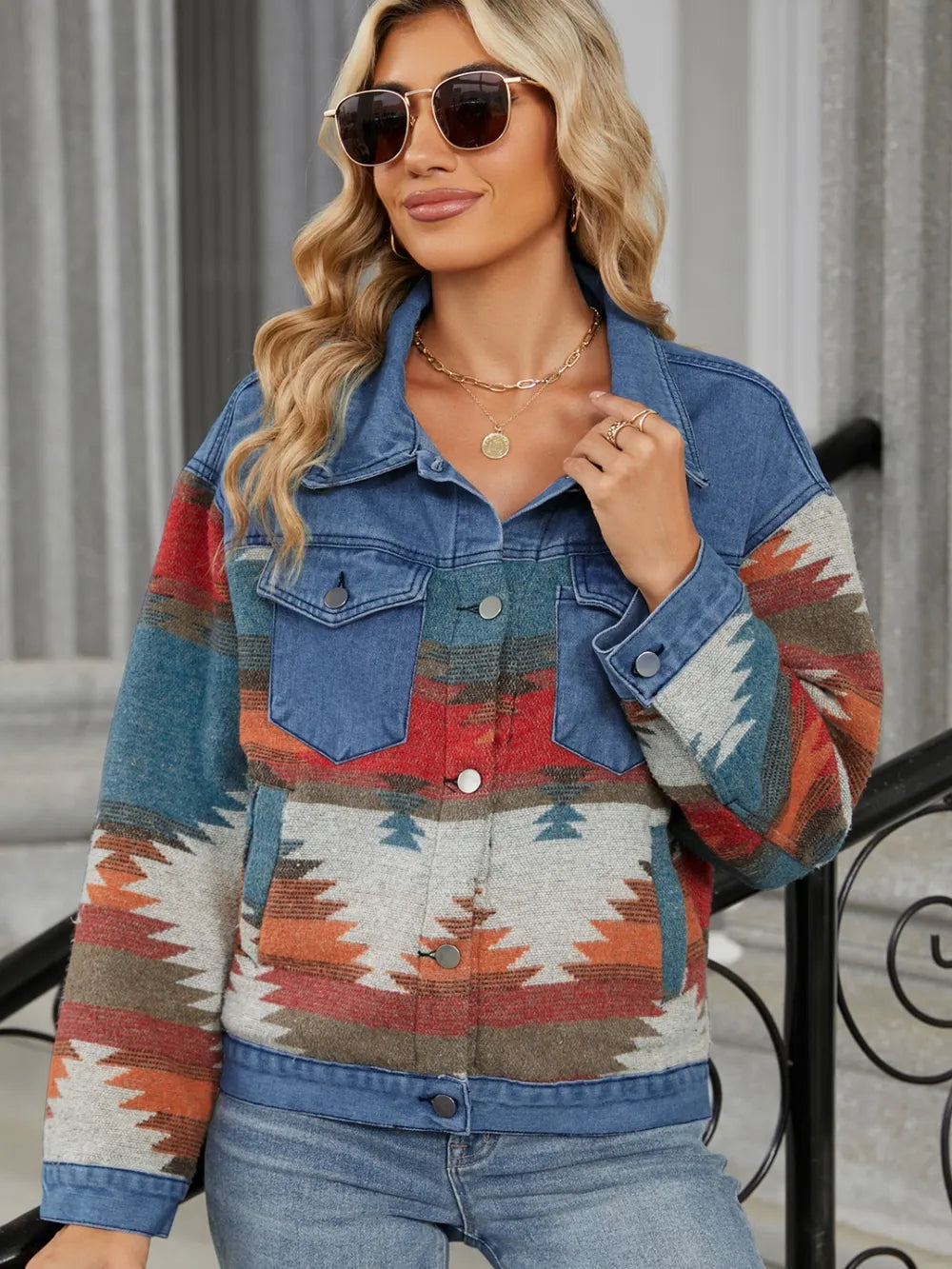 Geometric Button Up Long Sleeve Denim Jacket 