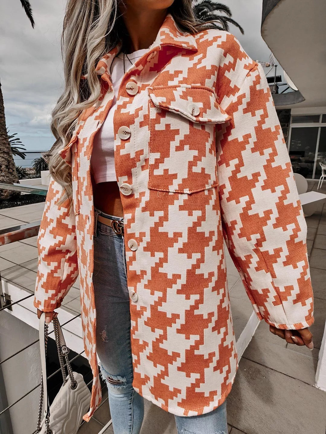 Houndstooth Button Up Long Sleeve Outerwear 