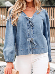 Tied Front Puff Sleeve Denim Top 
