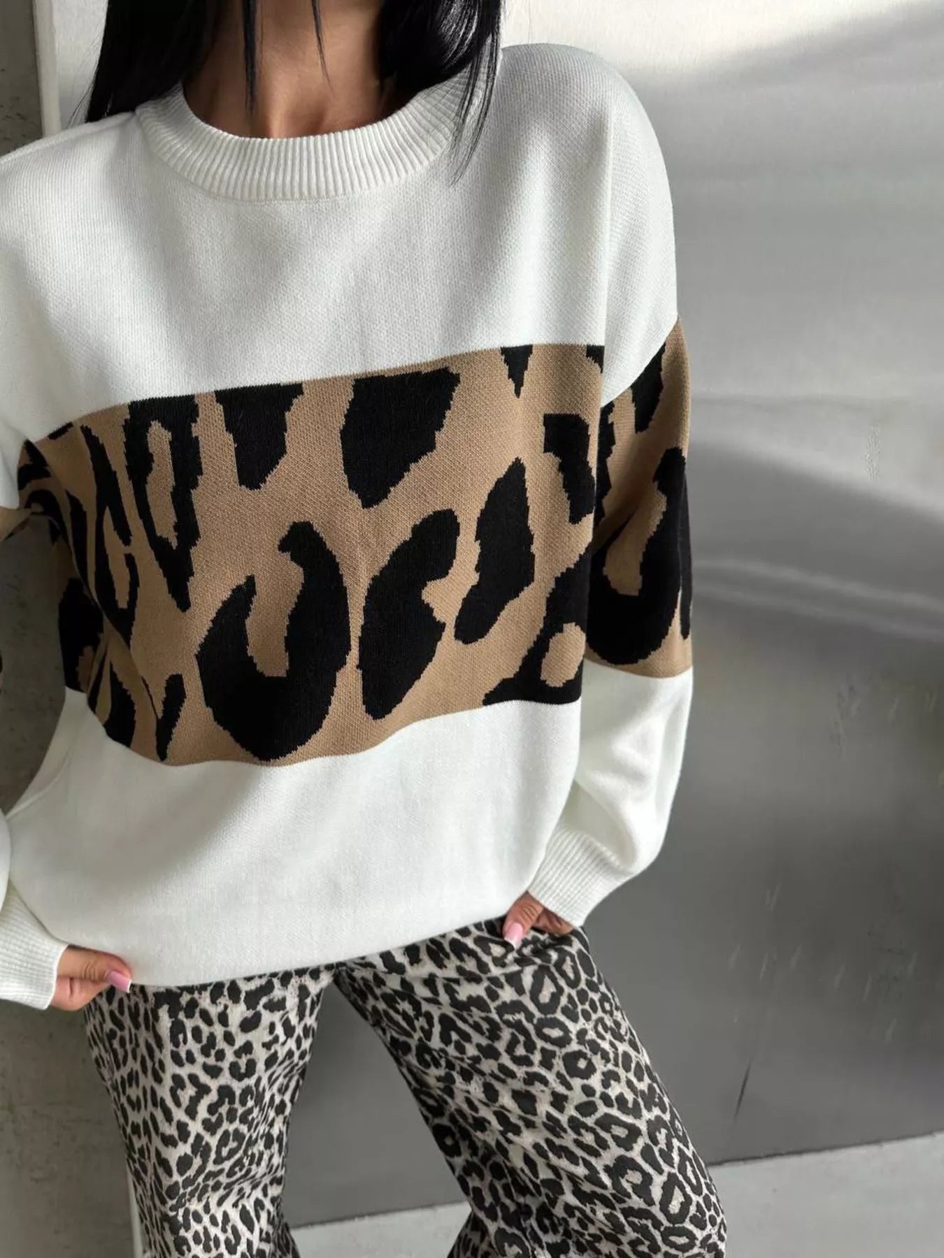Leopard Color Block Round Neck Sweater 