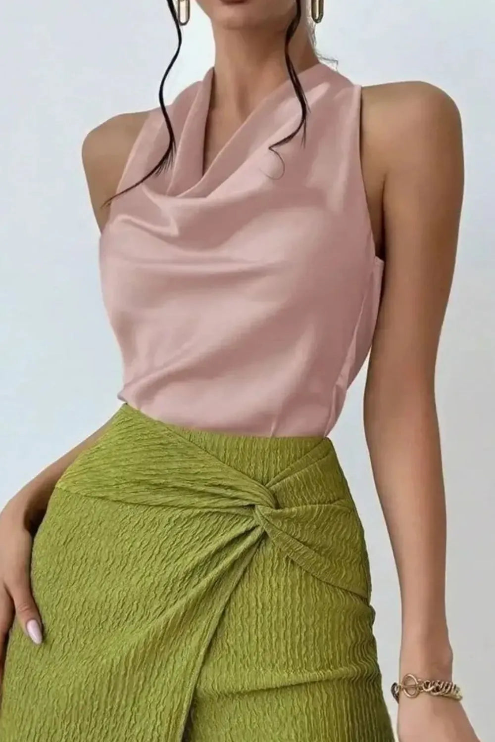 Satin Cowl Neck Sleeveless Blouse 