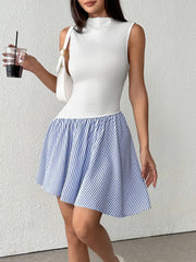 Striped Mock Neck Sleeveless Mini Tank Dress 