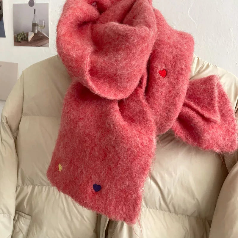 Heart-Embellished Fuzzy Knit Scarf 