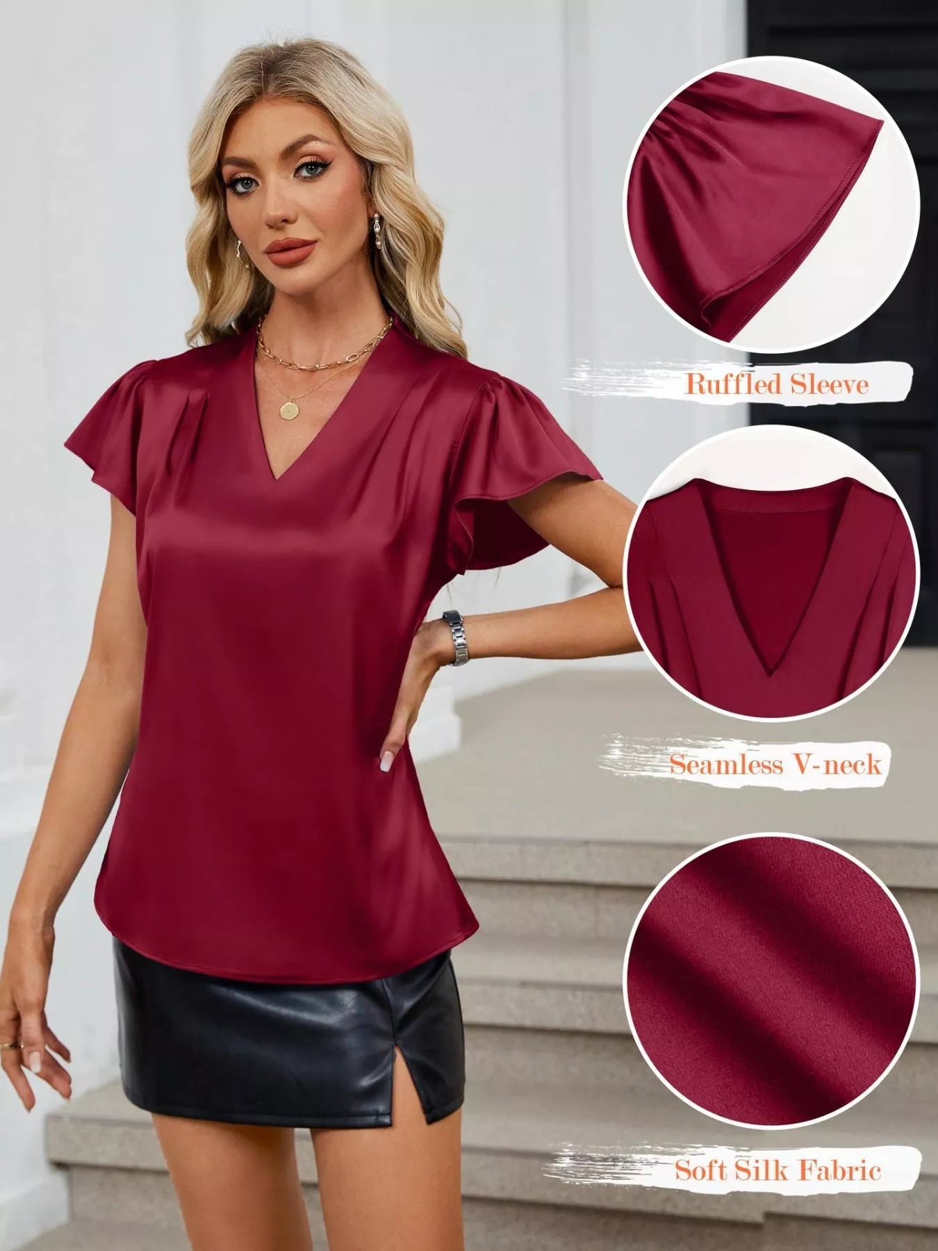 Satin V-Neck Flutter Sleeve Blouse 