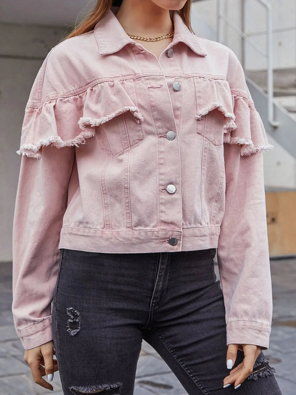 Ruffled Collared Neck Long Sleeve Denim Top 