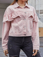 Ruffled Collared Neck Long Sleeve Denim Top 