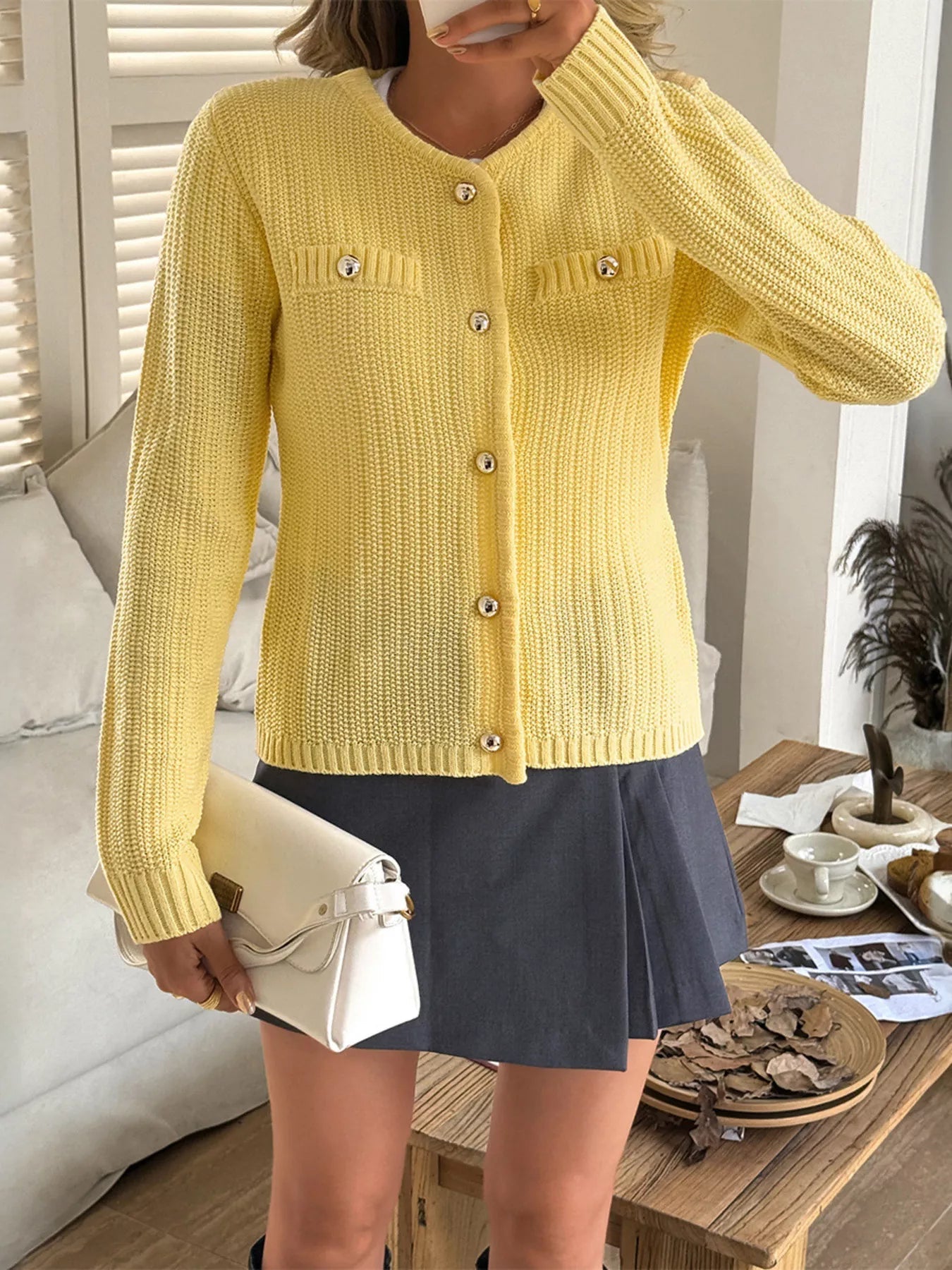 Button-Front Ribbed Long Sleeve Cardigan 