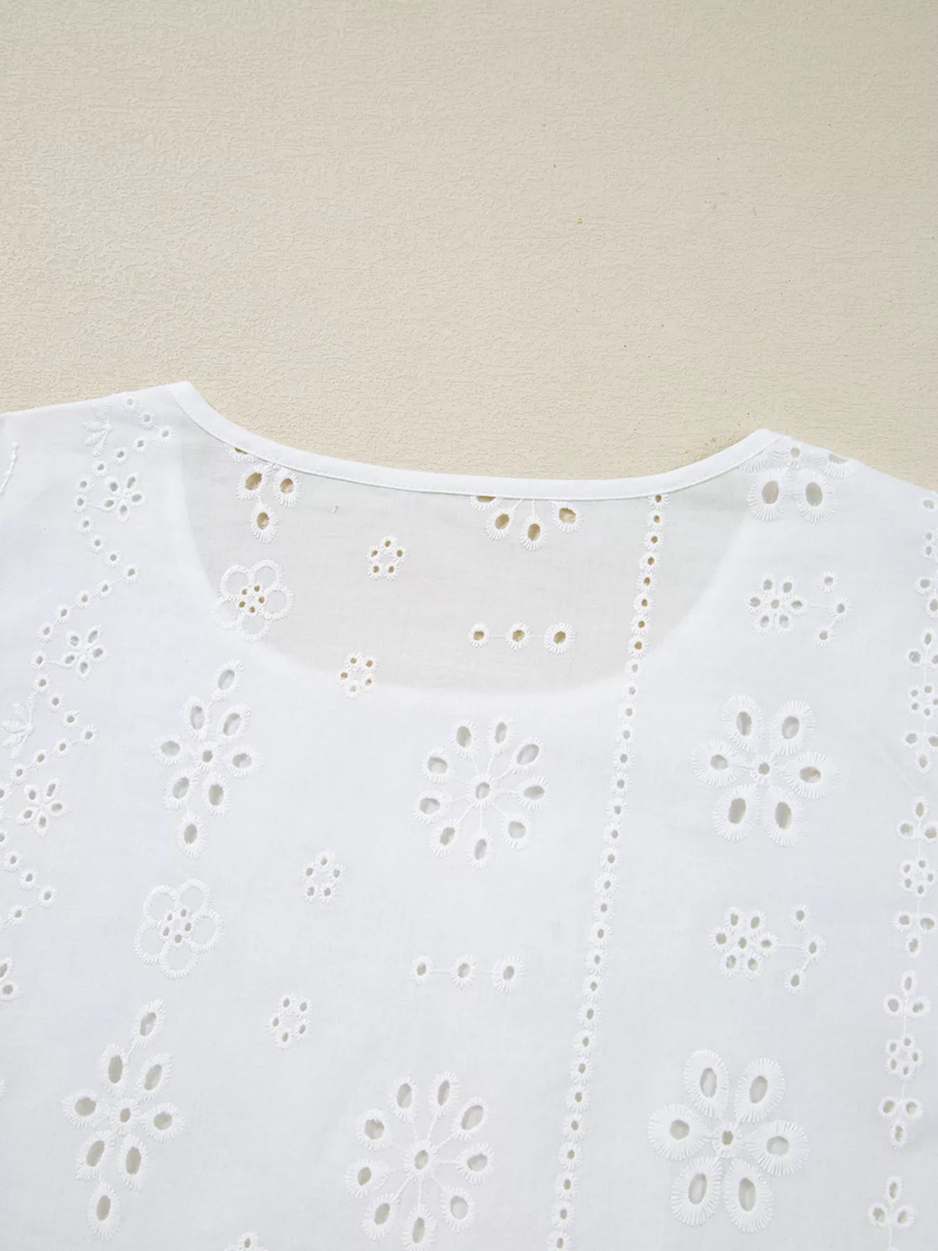 Eyelet Embroidered Smocked Cuff Sheer Blouse 