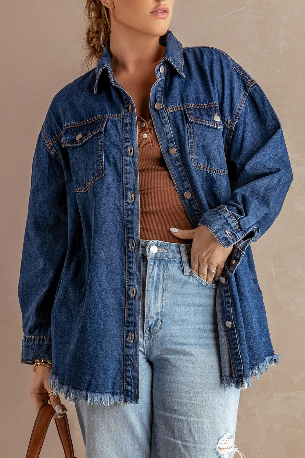 Button Up Pocketed Raw Hem Denim Jacket 