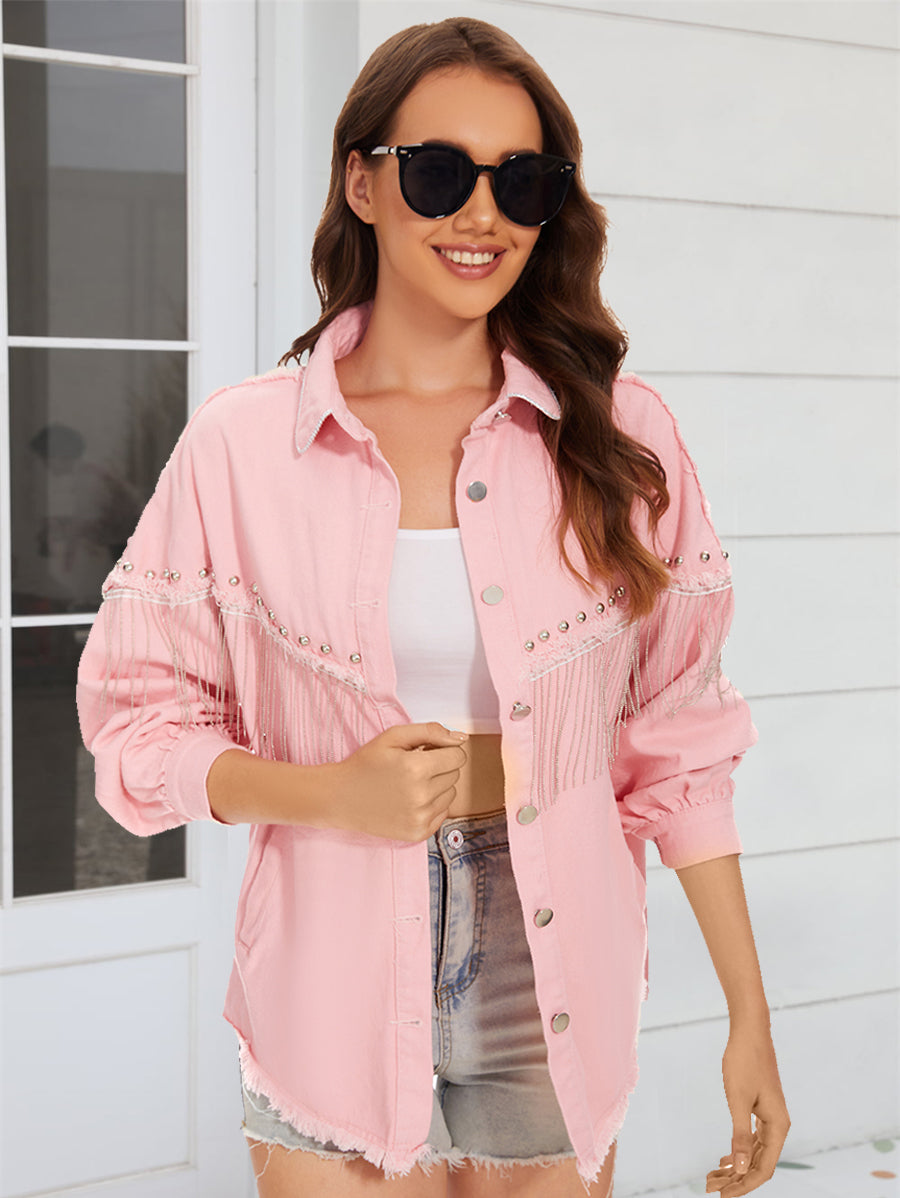 Raw Hem Fringe Detail Denim Jacket 