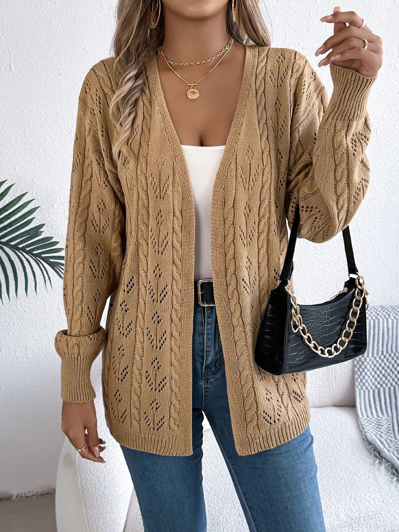 Openwork Open Front Long Sleeve Cardigan 