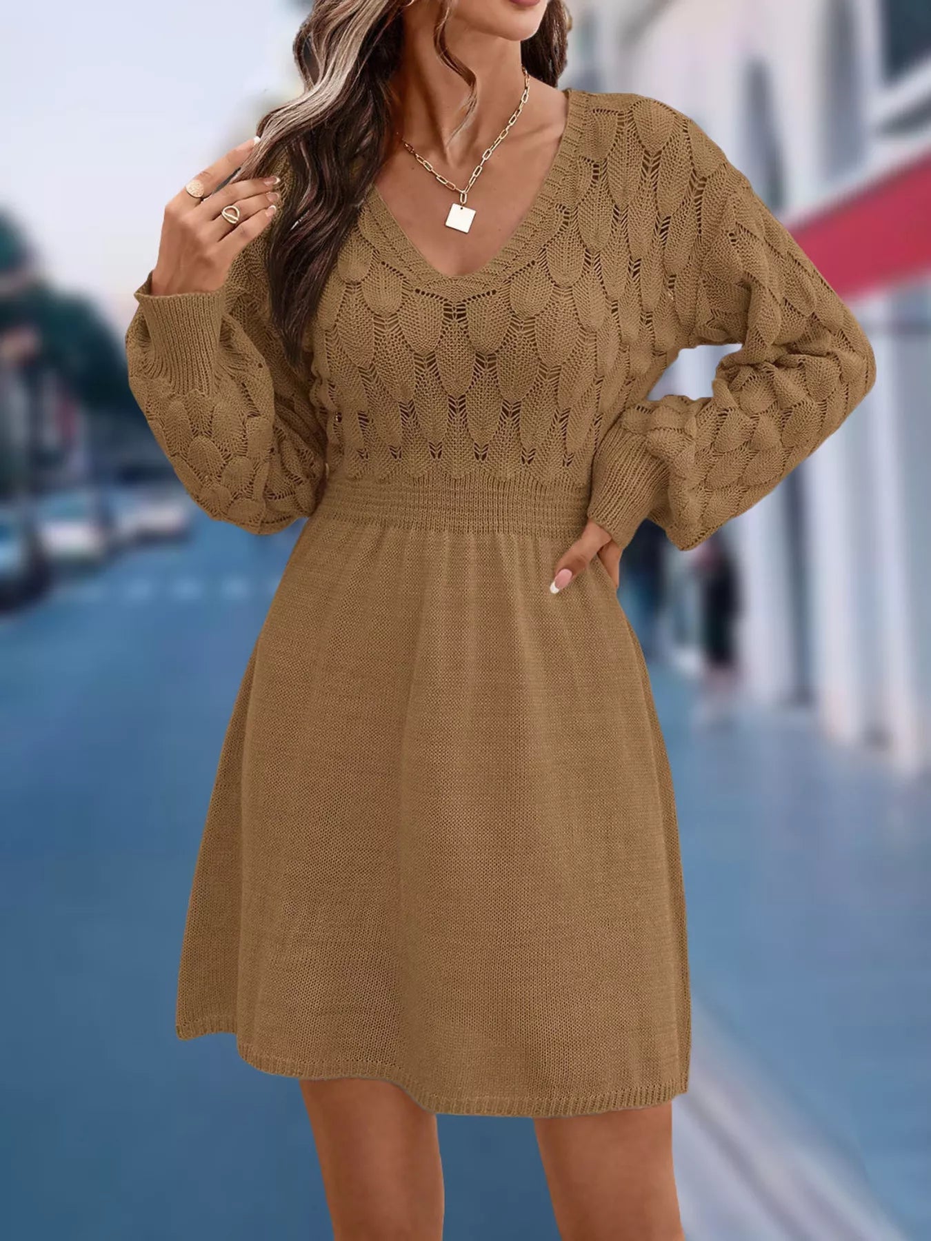 V-Neck Long Sleeve Sweater Dress 