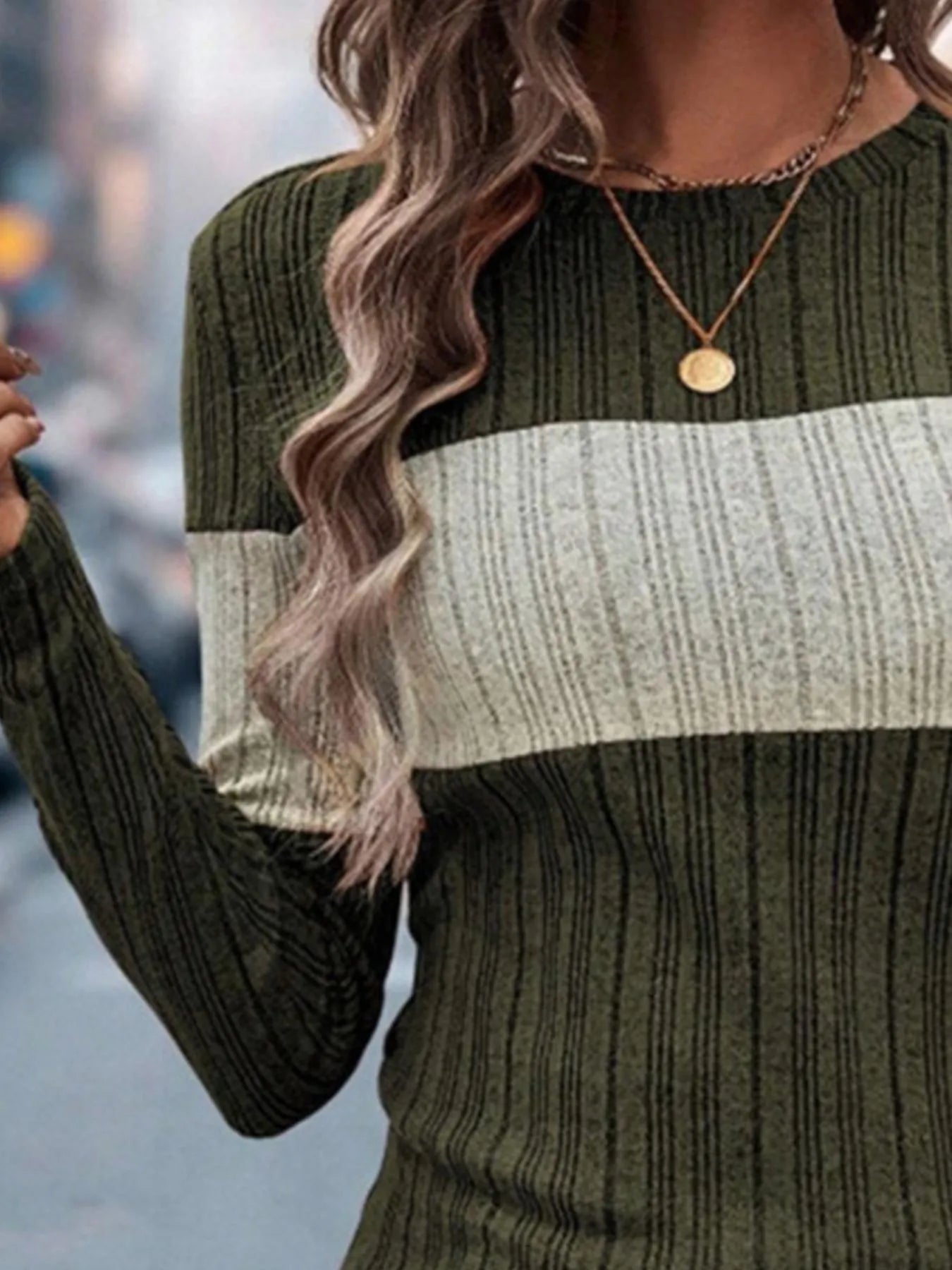 Color Block Round Neck Long Sleeve Sweater 