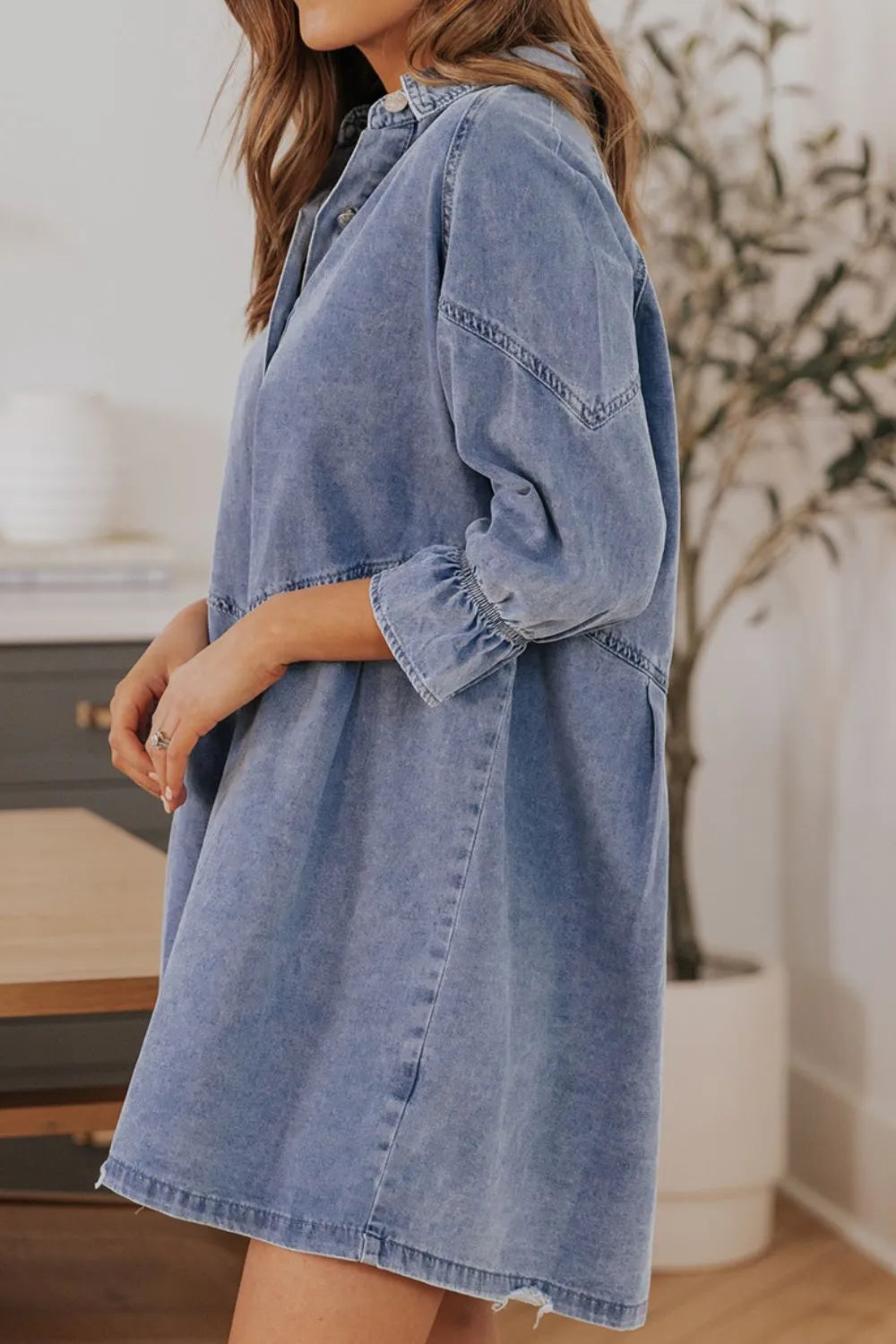 Distressed Collared Neck Flounce Sleeve Denim Dress 