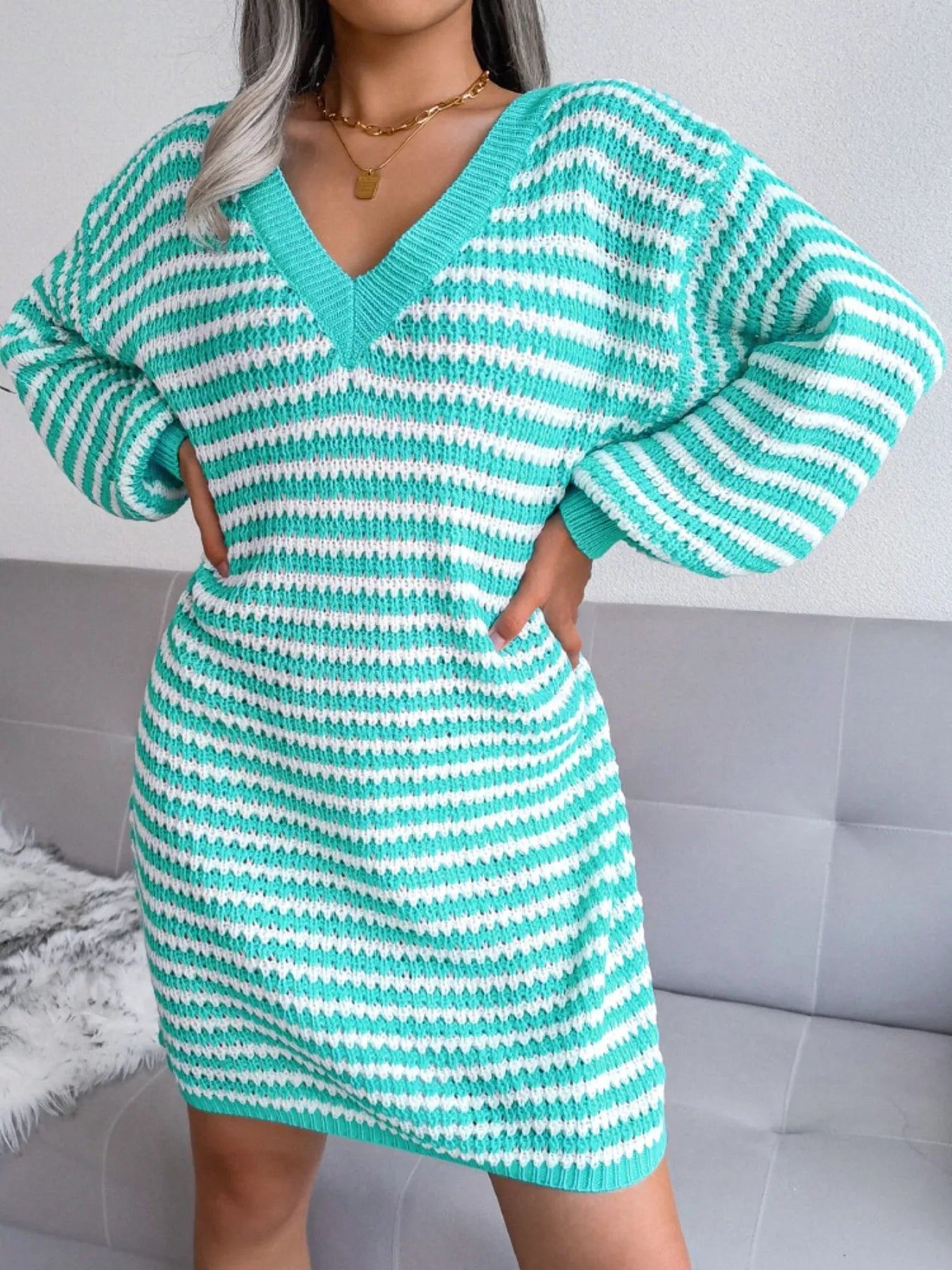 Striped V-Neck Long Sleeve Sweater Dress 