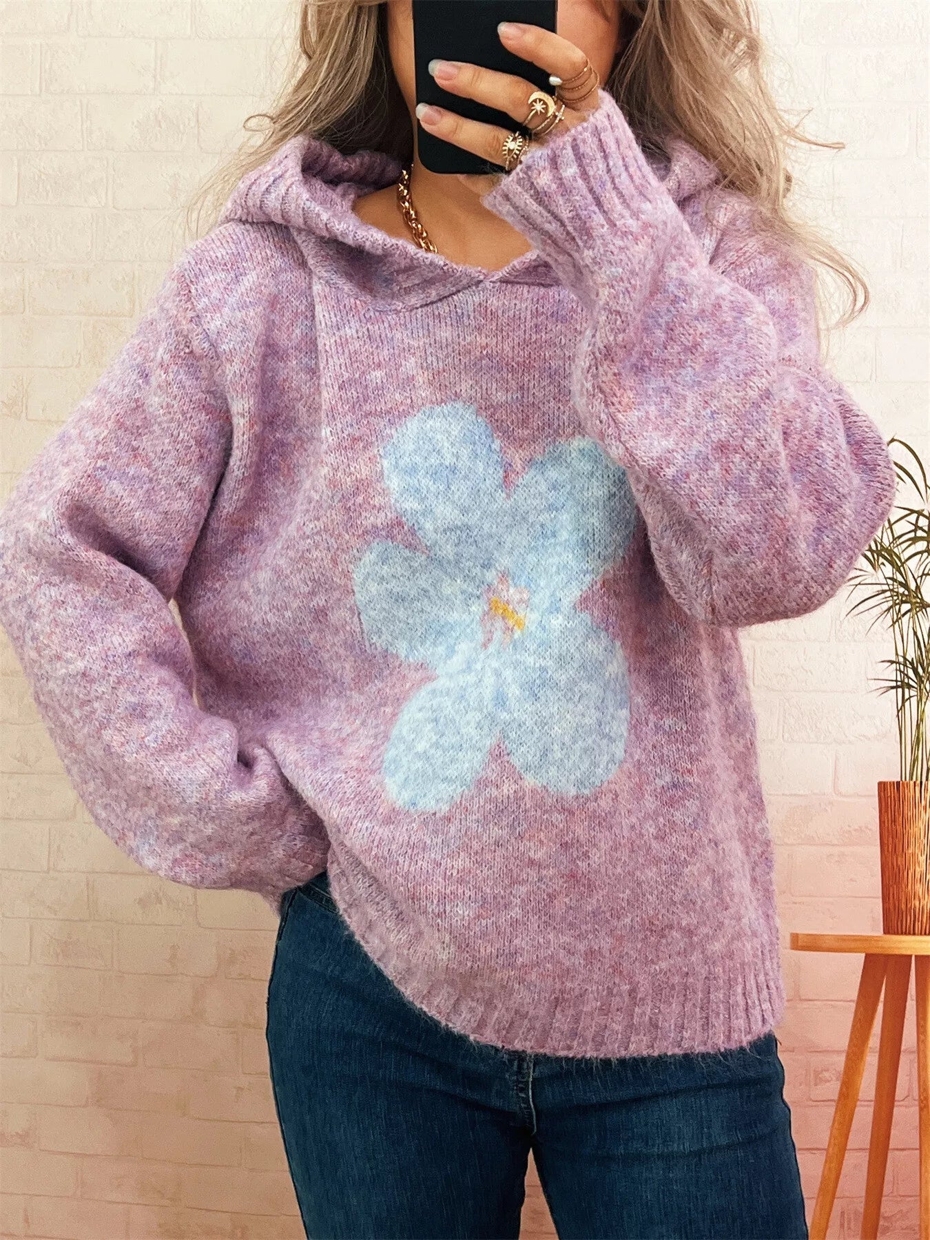 Flower Long Sleeve Hooded Sweater 