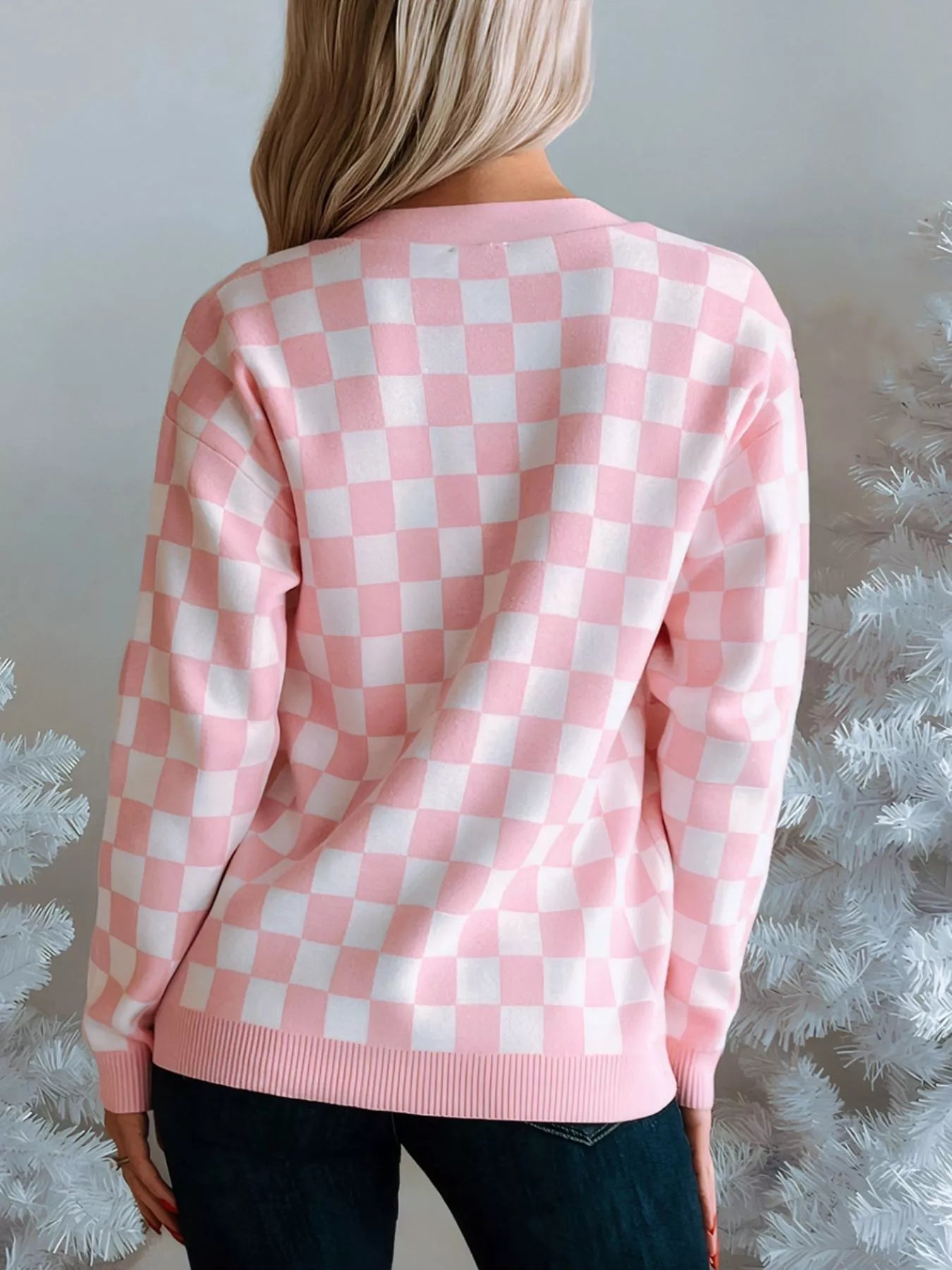 Christmas Tree Pattern Checkered Button V Neck Cardigan 