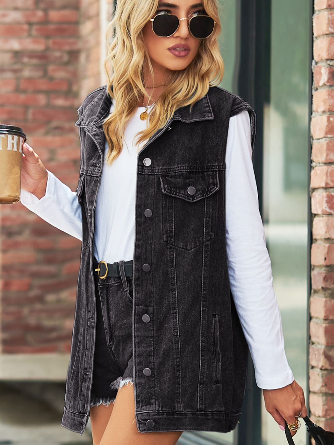 Collared Neck Sleeveless Denim Top with Pockets 