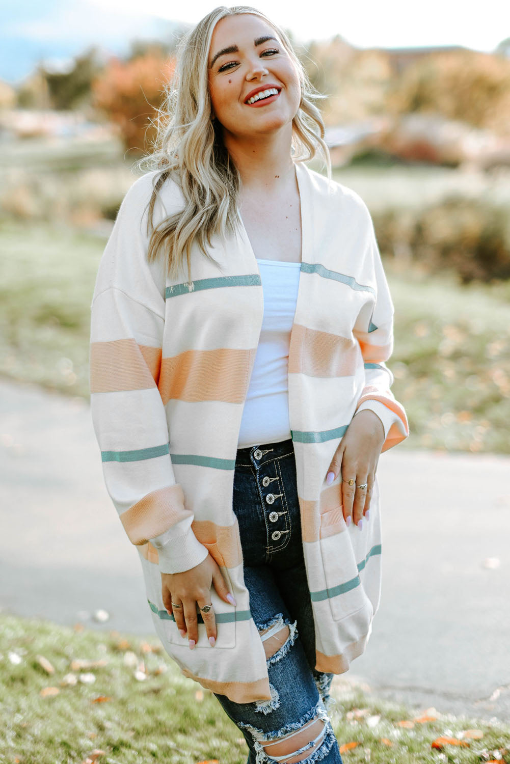Plus Size Striped Open Front Cardigan 