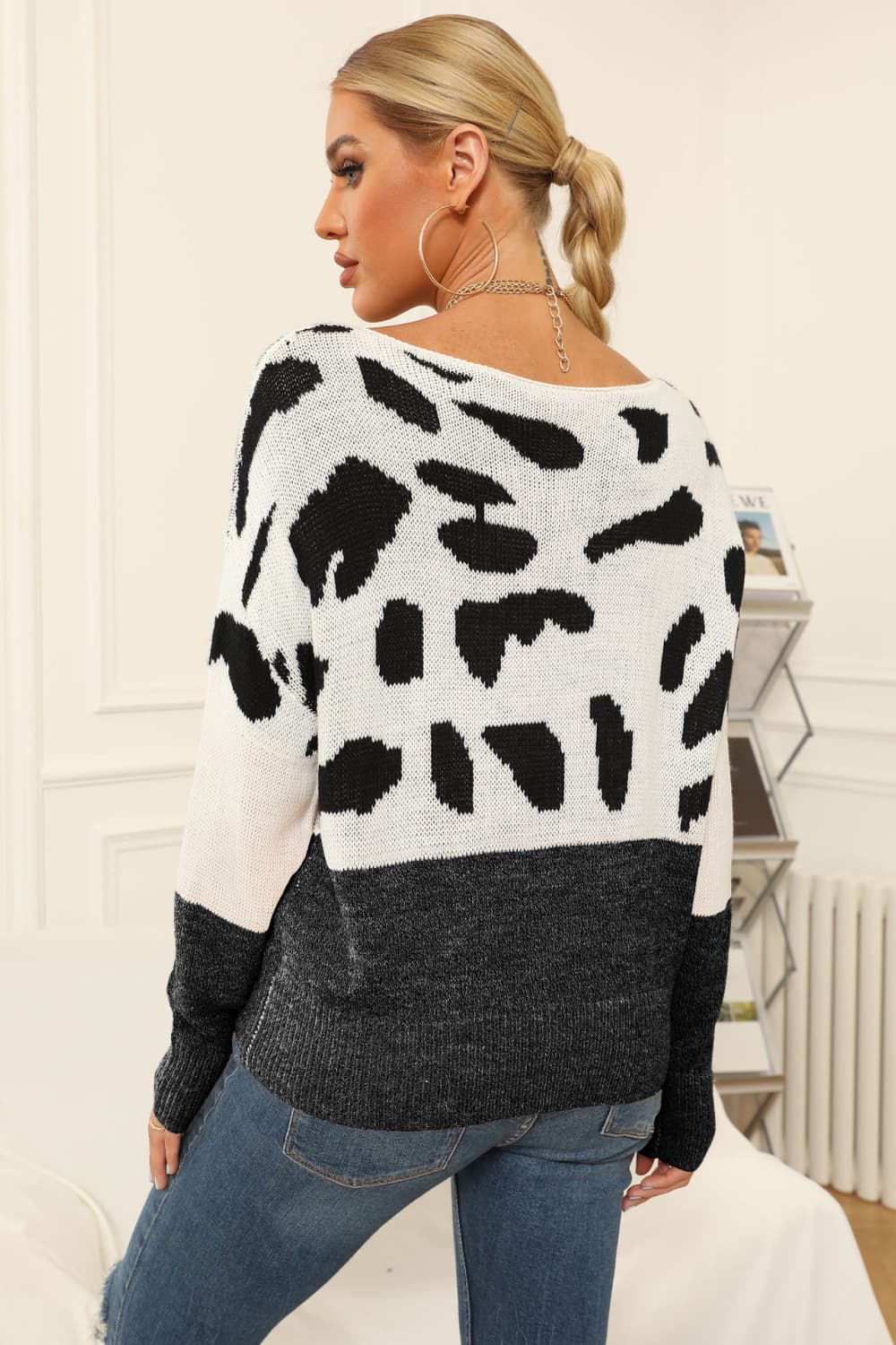 Full Size Two-Tone Boat Neck Sweater 