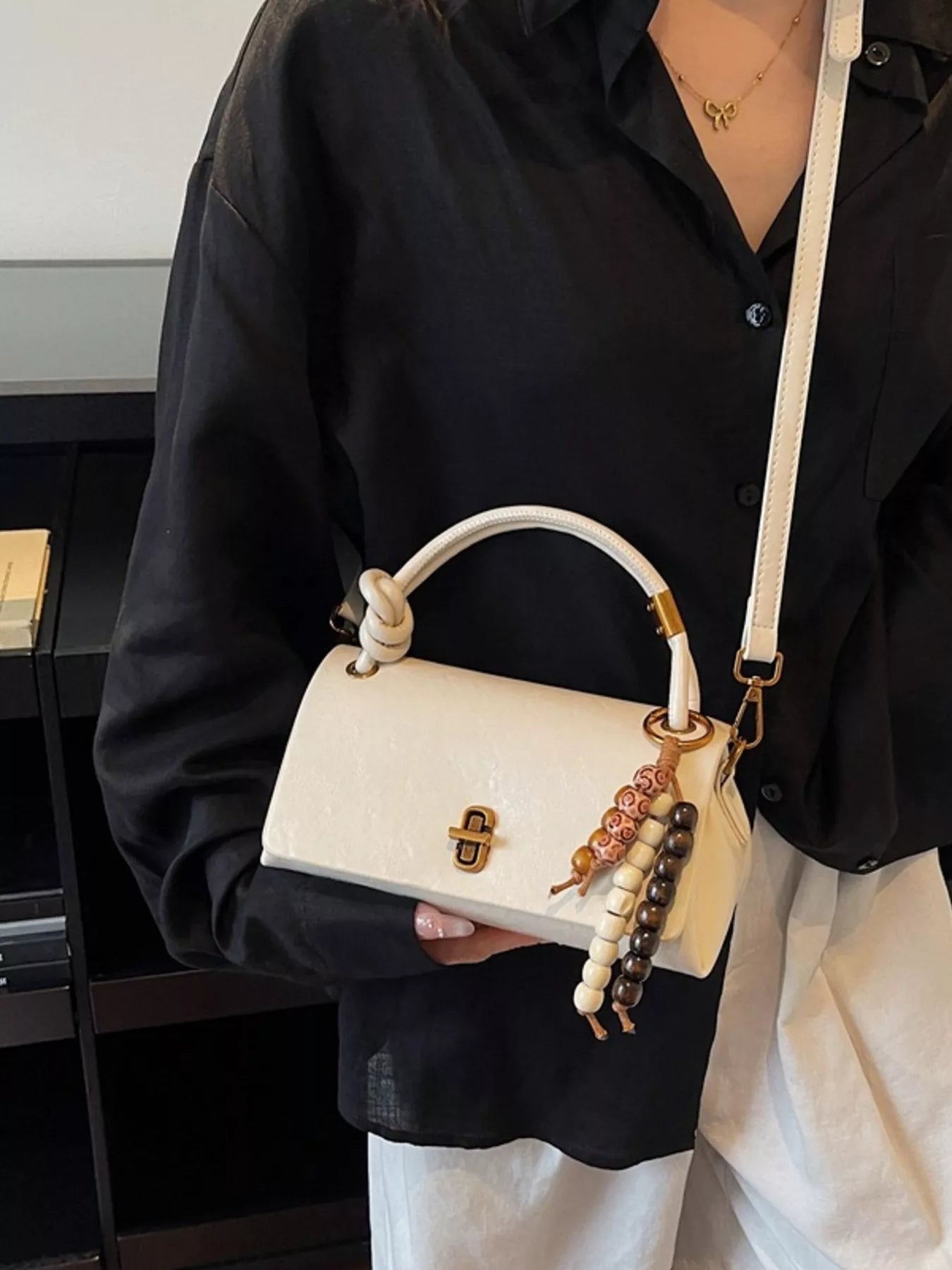 Leather Crossbody Bag with Bead Charm 