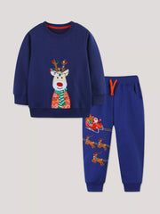 Children's Reindeer Embroidered Christmas Outfit Set 