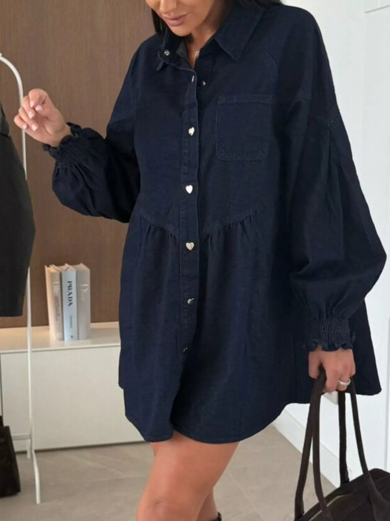 Button Down Mini Denim Dress with Front Pockets 