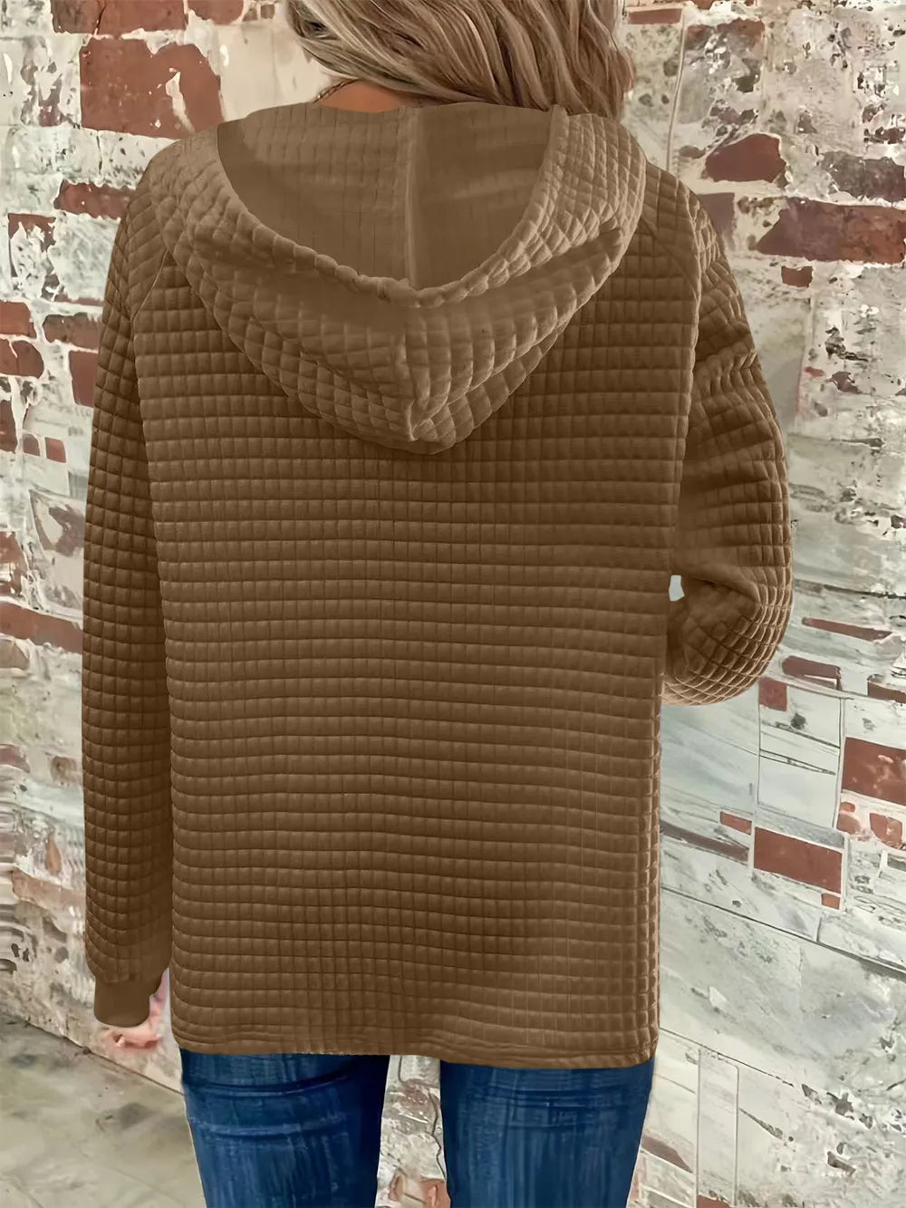 Full Size Texture Button Detail Drawstring Long Sleeve Hoodie 