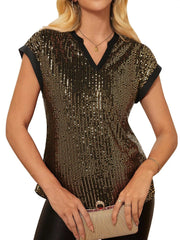 Sequin Notched Cap Sleeve Blouse 