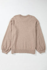 Plus Size Pearl Detail Round Neck Long Sleeve Sweater 