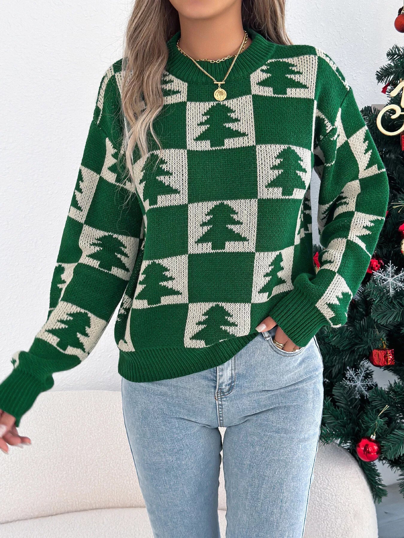 Christmas Tree Checkerboard Pattern Sweater 