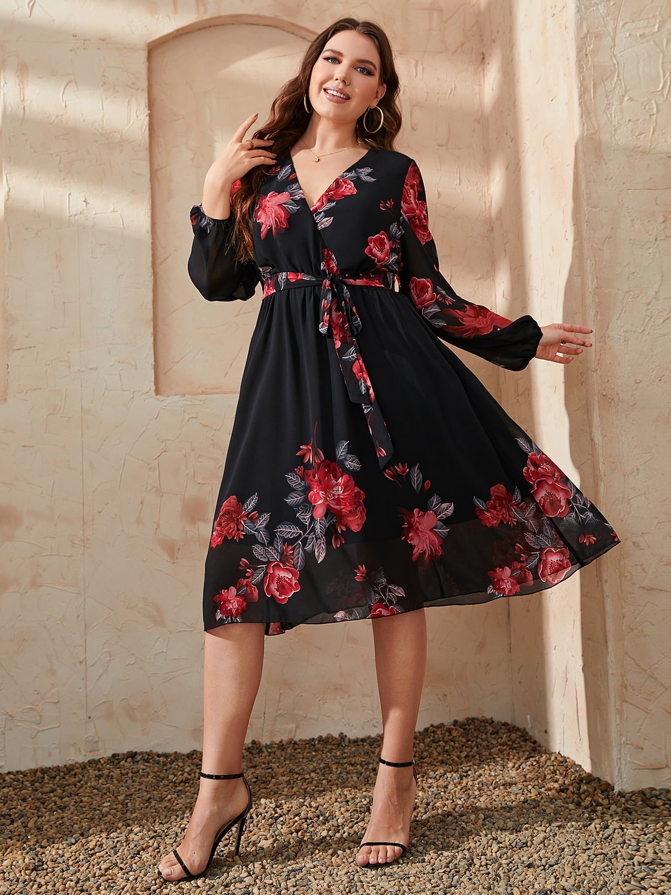 Honey Plus Size Floral Surplice Neck Tie Waist Dress 