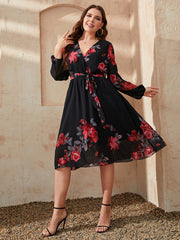 Honey Plus Size Floral Surplice Neck Tie Waist Dress 