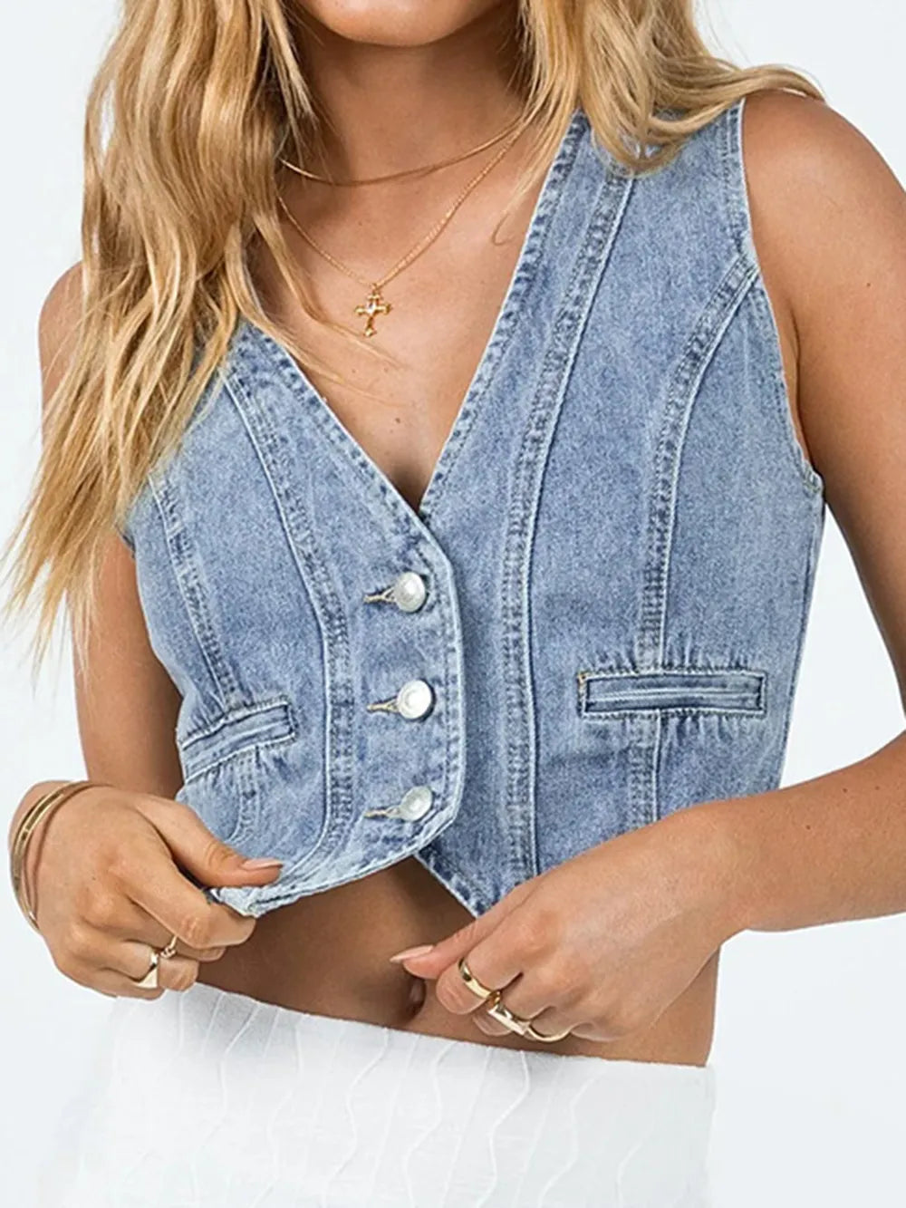 Button Up Sleeveless Denim Top 