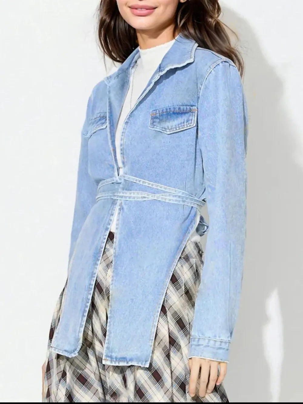 Asymmetric Slit Collared Neck Long Denim Top 