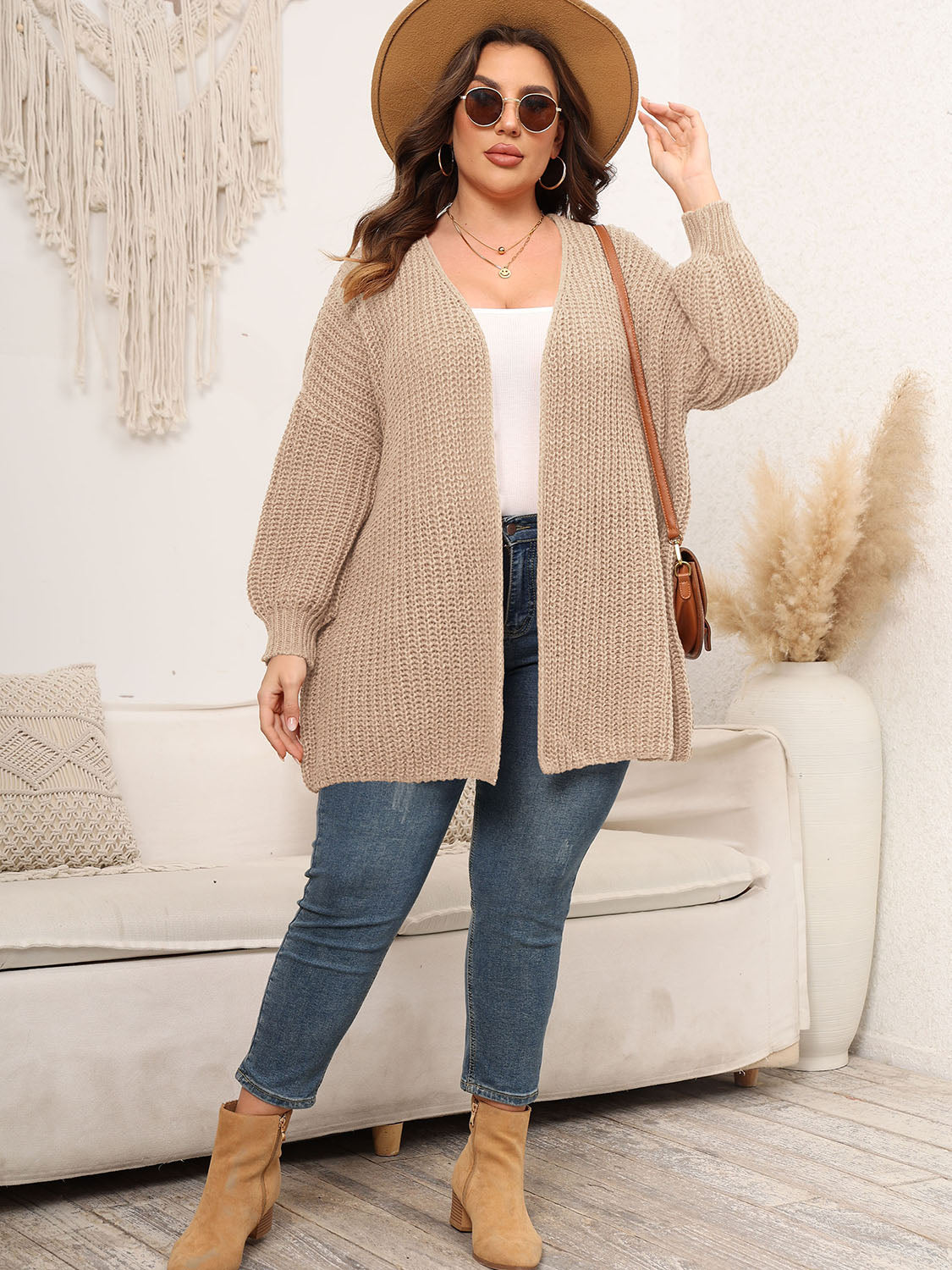 Plus Size Open Front Dropped Shoulder Knit Cardigan 