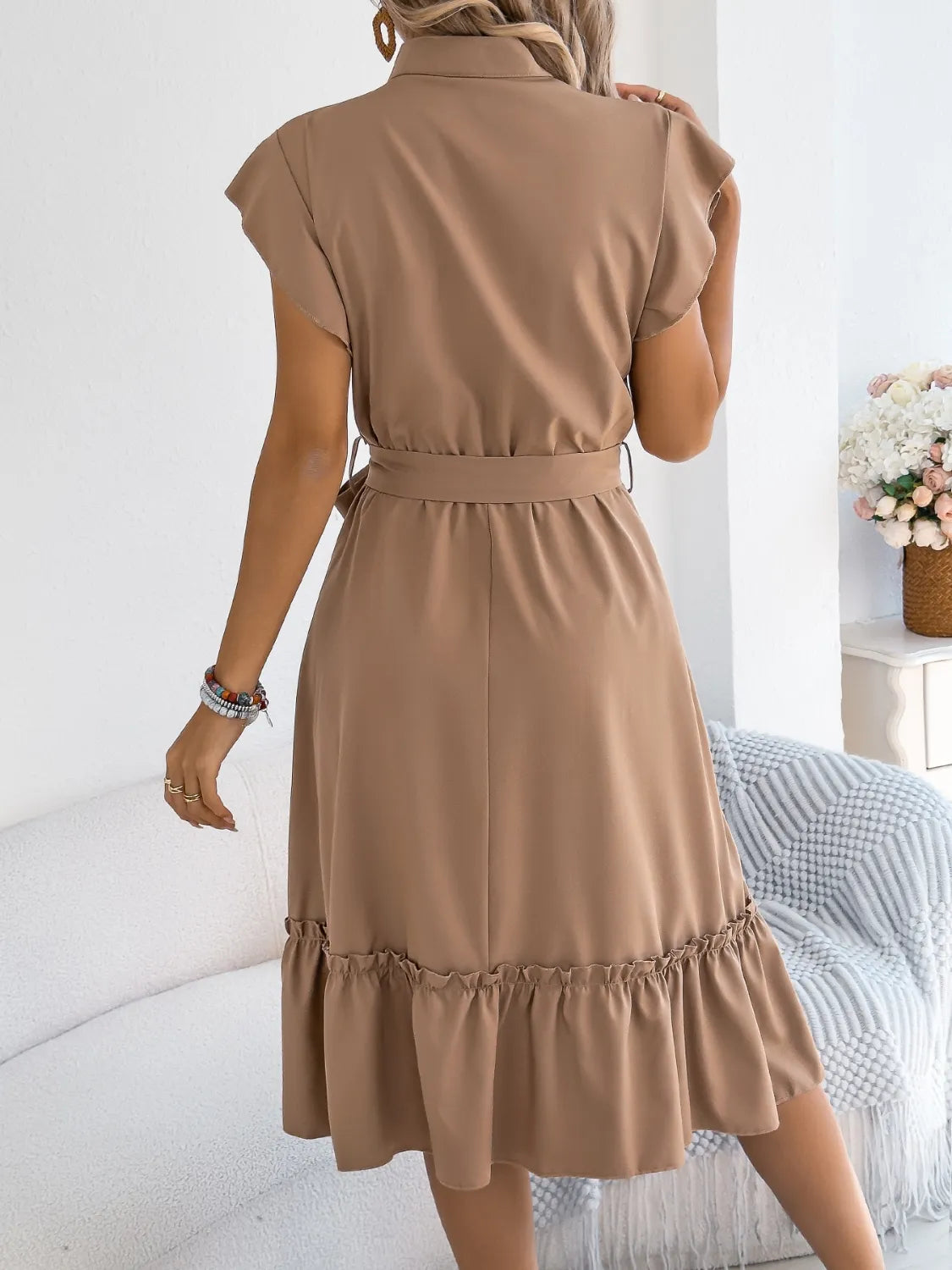 Tie Waist Ruffled Cap Sleeve Dress 