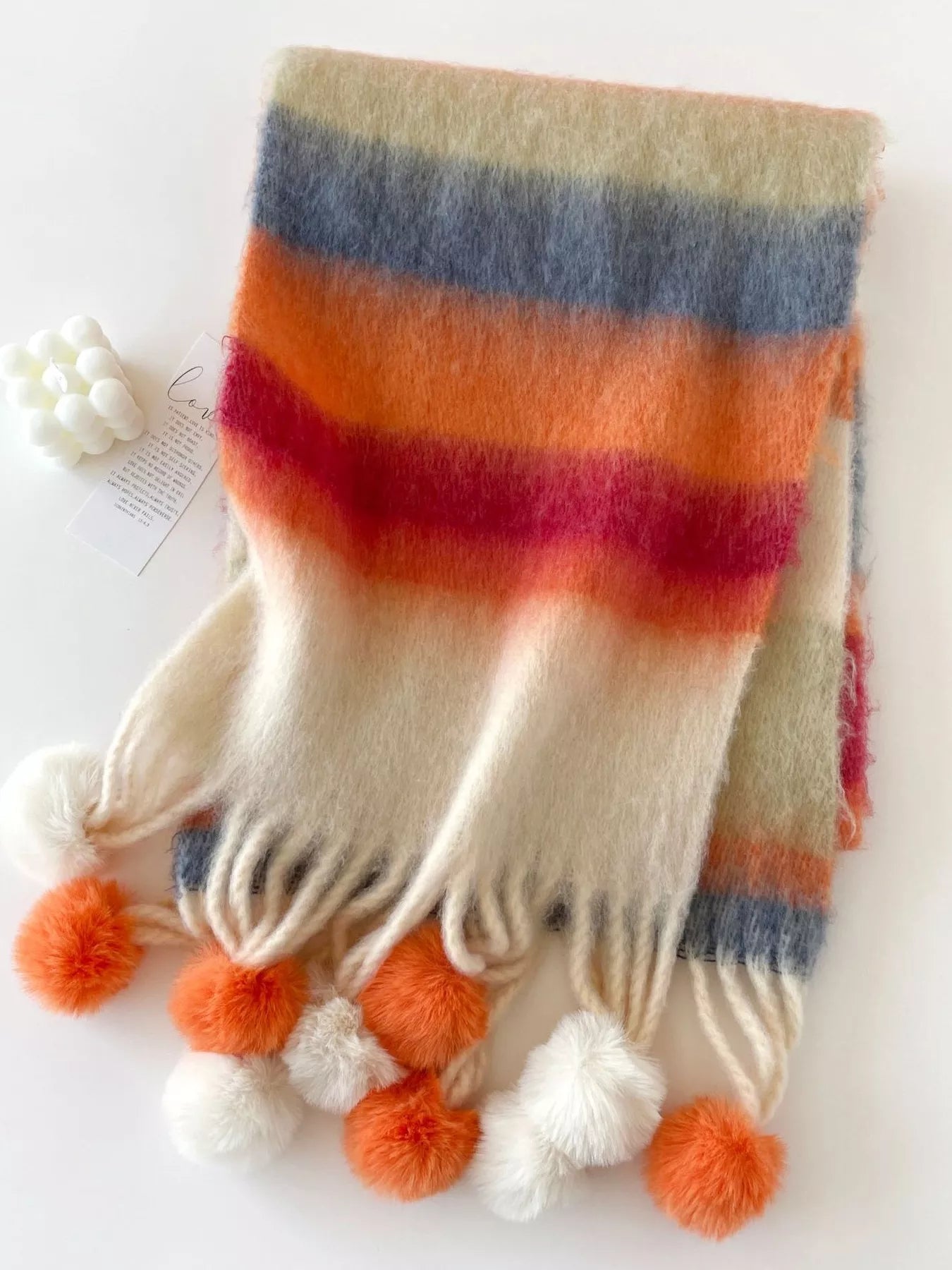 Rainbow Striped Fuzzy Scarf with Pom-Poms 
