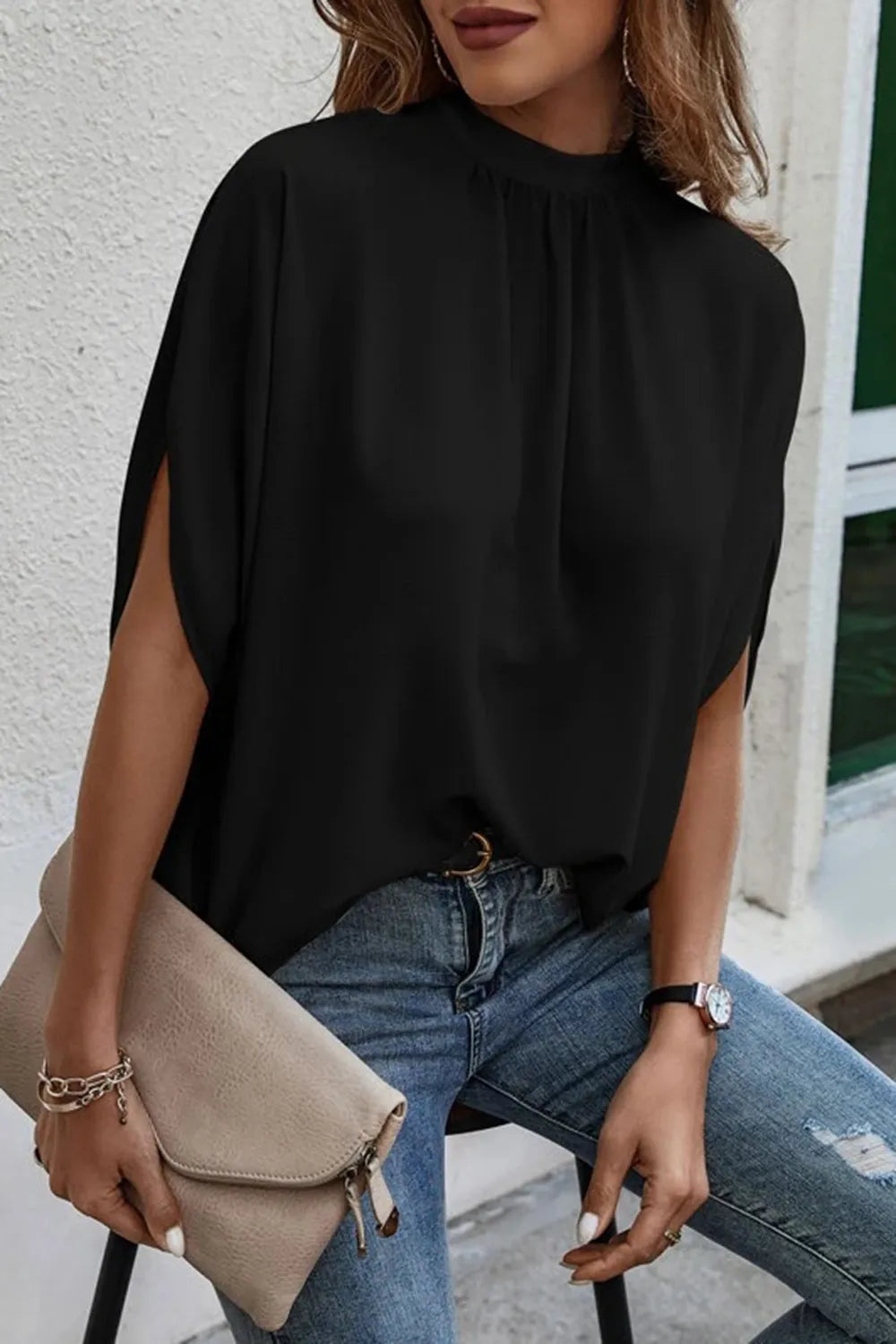 Tie Back Slit Half Sleeve Blouse 